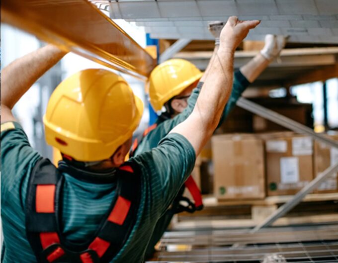 Team members wearing hard hats getting equipment